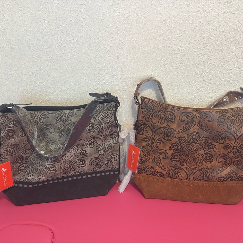 Montana West Embossed Floral Shoulder Bag - Brown and Gray
